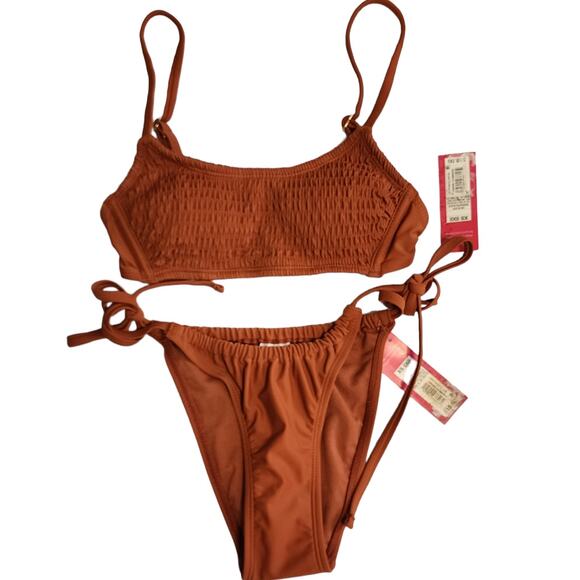 Xhilaration Jrs Smocked Top + High Leg Side Tie String Bikini Bottoms Rust XS - Picture 2 of 10